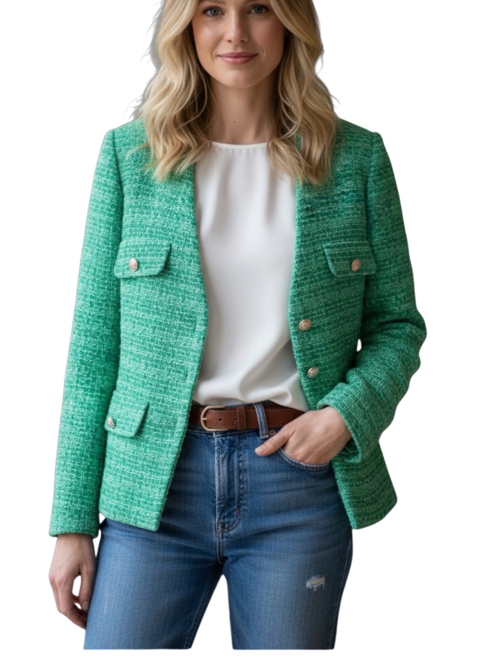 Maje Green Tweed Button-Front Blazer